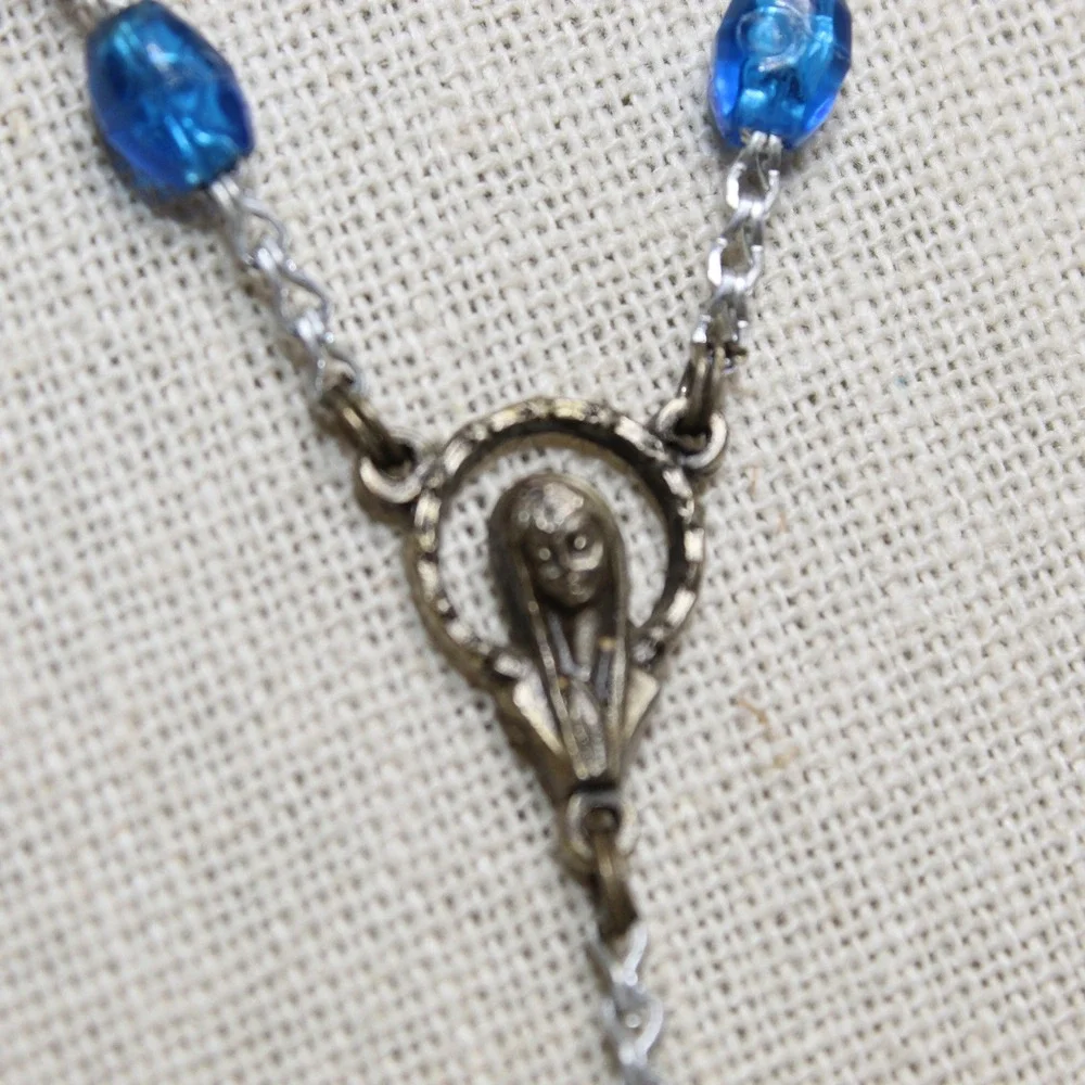 Vintage Rosary Blue Faceted Glass Bead Italy Crucifix Catholic Prayer Necklace